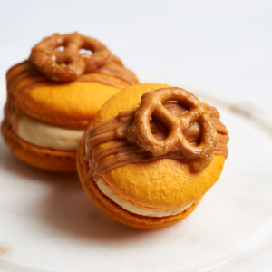 Butter Toffee Macarons with a Pretzel Top